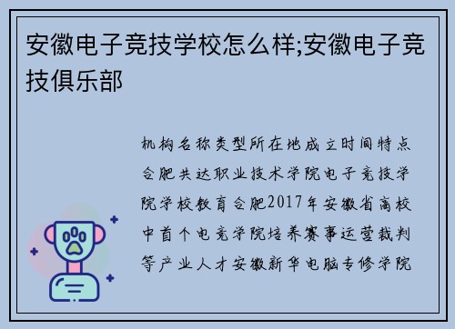 安徽电子竞技学校怎么样;安徽电子竞技俱乐部